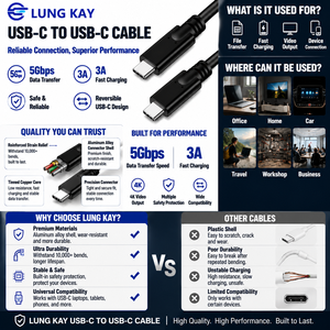 LUNG KAY 100W <b>USB</b>-<b>C</b> to <b>USB</b>-<b>C</b> Cable 5Gbps <b>USB</b> 3.1 Gen 1 Full Function PD Fast Charging PVC Cord for Laptop MacBook iPad - Product Image 3
