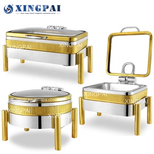 XINGPAI 호텔 장비 두바이 로얄 럭셔리 골드 채핑 접시 유리 뚜껑이있는 스테인레스 스틸 채핑 요리 뷔페 세트 - Product Image 2