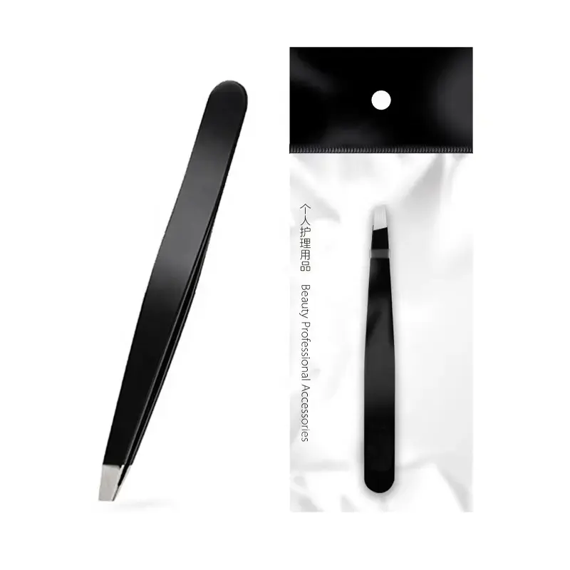 Anti-static Black Slanted Eyebrow Eyelash Tweezers Customizable Packaging Stainless Steel Customized Poly Bag Cosmetic Tool