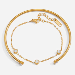 Pulsera Geométrica Redonda de Circonita, Chapada en Oro de 18K, con Engaste de Acero Inoxidable, para Uso Diario, Unisex, Juego de Joyería de 2 Piezas - Product Image 1