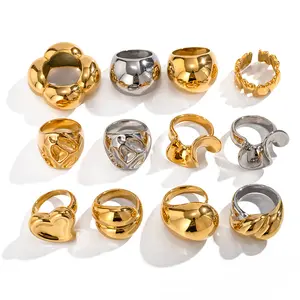 New Classic Geometric Exaggerated Chunky Ring 18k Gold Plated Men Women Hip Hop Big Heart Irregular Stainless Steel Ring