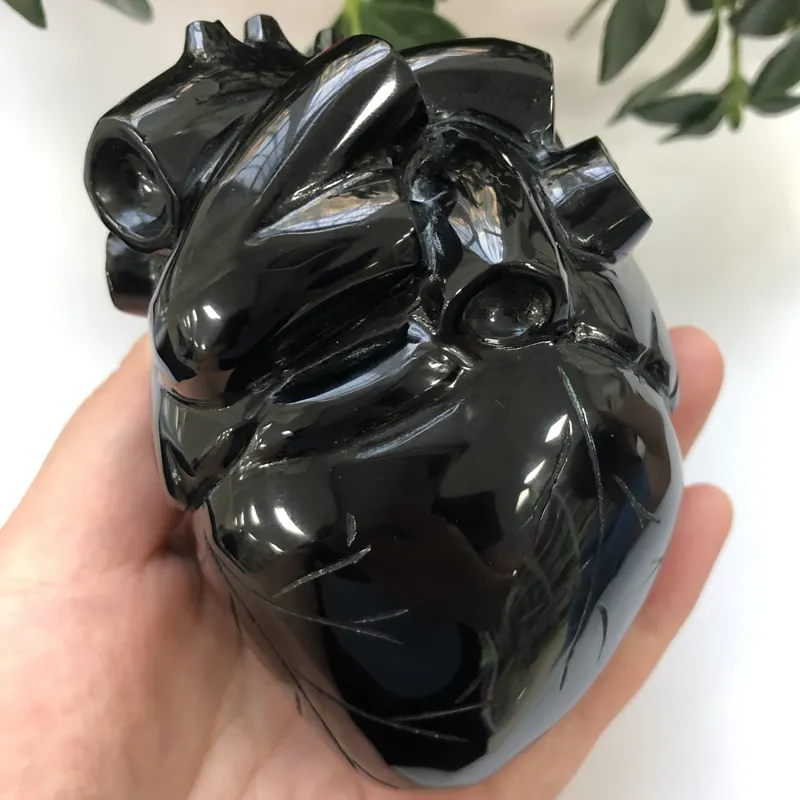 Natural Hand Carved Realistic Heart Black Obsidian Carvings Human Heart Crystal for Healing