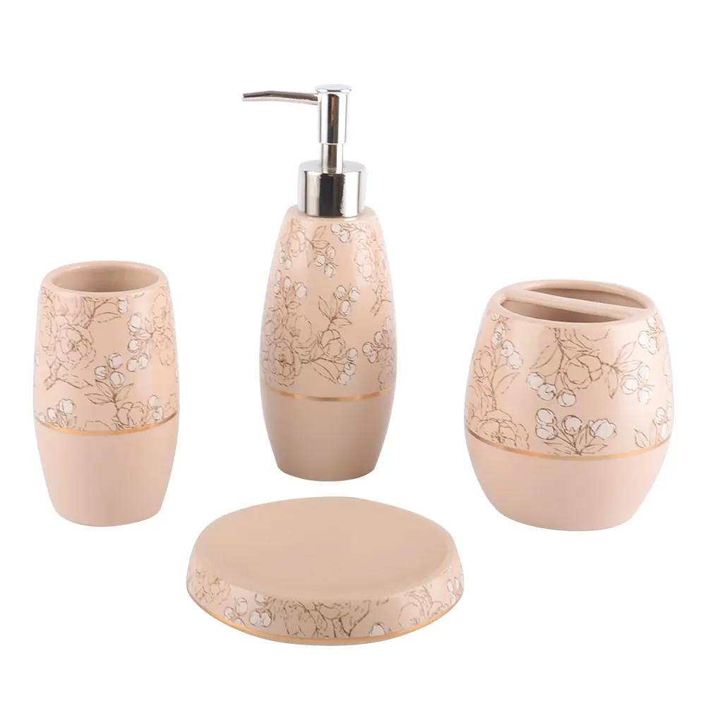 Оптовая продажа, розовый керамический набор из 4 предметов для ванной комнаты