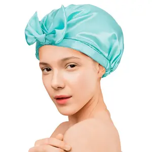 Wholesale Solid Color Elastic Custom Logo Sleeping Cap Bow Knot Night Silk Satin Hair Bonnet For Women