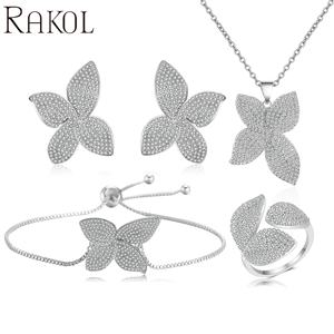 RAKOL SP3078 Luxury 18k Gold Plated Jewelry Charming Bracelet Adjustable Open Ring Earrings Butterfly Pendant <b>Necklace</b> Set - Product Image 2