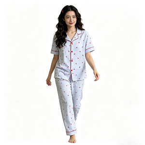 Women's Summer Casual Soft Cotton 100% Turn-down Collar <b>Cardigan</b> <b>Short</b>-<b>Sleeved</b> Two-Piece Pajamas Striped Elastic Waist Pants - Product Image 3