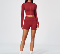 Ensemble de sport 2 pièces sans couture ultra-extensible pour femme : veste courte zippée et short de cycliste taille haute à compression pour le yoga et l'exercice