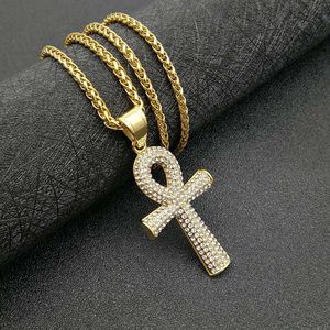 yunnique Collier Pendentif Ankh Égyptien en Acier Inoxydable Doré 3mm 61cm, Sertissage Pavé, Motif Croix, Bijoux Hip Hop Unisexe - Product Image 3