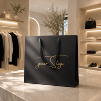 Sacs en papier noir de luxe réutilisables personnalisés avec longue poignée pour le shopping, les affaires, les vêtements, les cadeaux, avec logo en feuille d'or