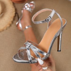 Sandalias de Tacón Alto Metálicas Plateadas Brillantes para Mujer, Elegantes y Sensuales con Tiras Cruzadas, Zapatos de Tacón para Fiesta con Correa en el Tobillo - Product Image 1