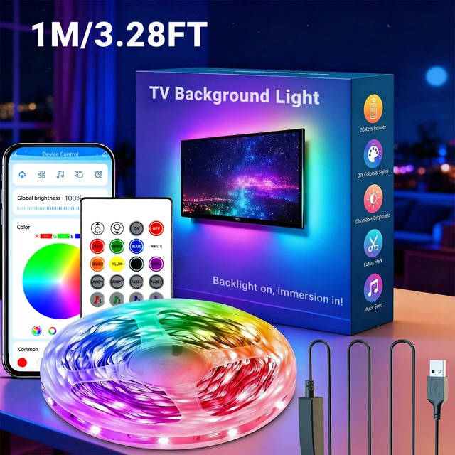 5050 RGB LED TV Backlight Kit,3-Channel 5V 30LEDs/M  LED Strip,1 Roll, RGB Color Mixing,USB 3-Key Button Controller,Remote APP