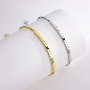 Moda Personalizado De Alta Qualidade Frisado Pulseiras Jóias Vermeil Ouro 925 Sterling Silver Longo Fino Em Branco Bar Frisado Pulseira