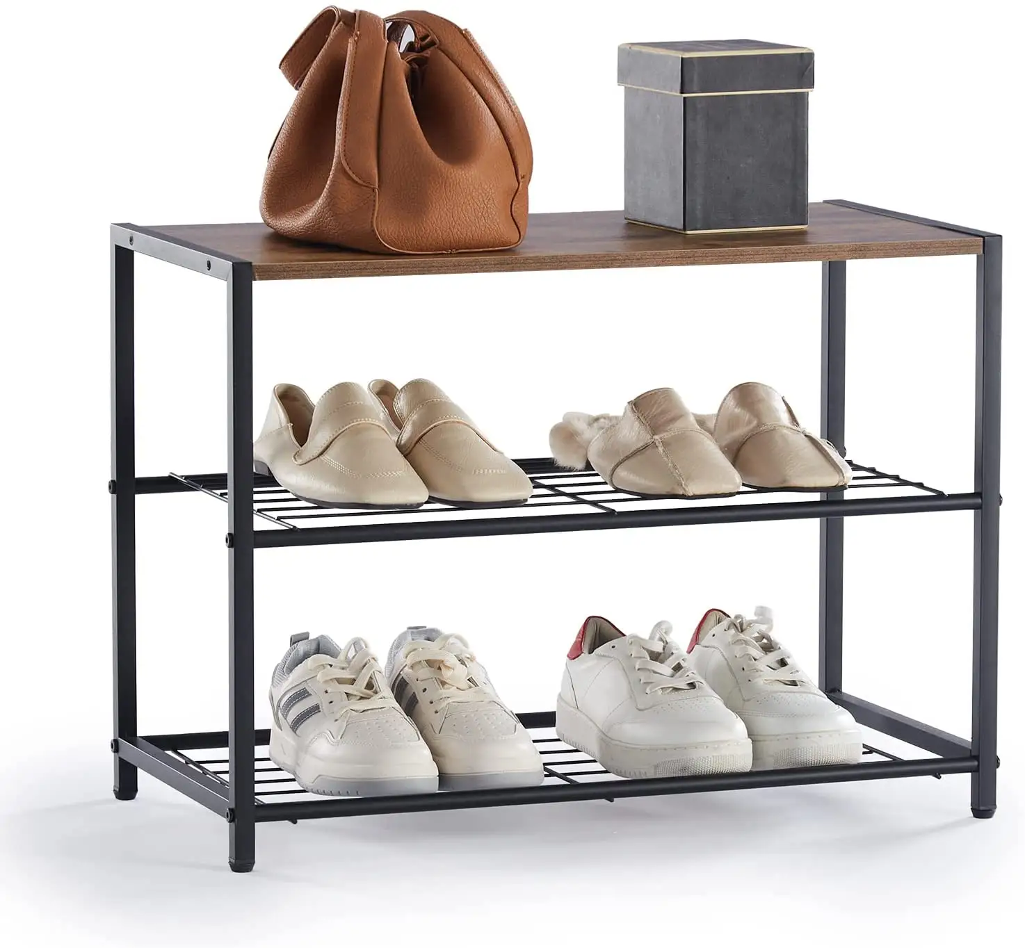 Modern 3-Tier Shoe Shelf with MDF Wood Top Board Shoe Tower for Entryway Shoe Storage Organizer for Hallway