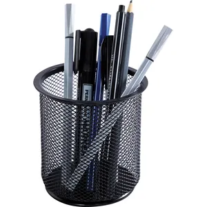 Klassieke Grote Capaciteit Zwarte Kleur Metalen Gaas Pen Cup Ronde Potlood Houder Voor Bureau Organizer