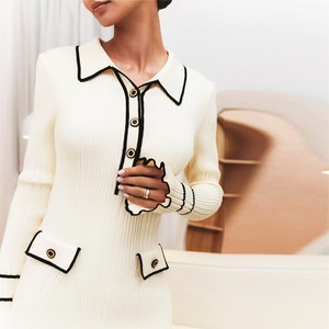 Women's Slim Knitted A-Line Dress with <b>Turn</b>-Down Collar Single <b>Button</b> Fashionable Wholesale New Materials Pocket Classy Clothing - Product Image 5