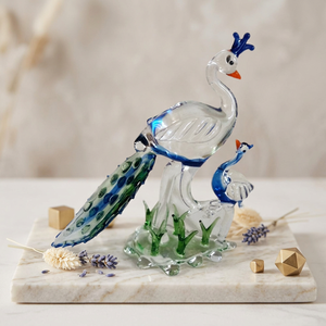 Ensemble de figurines de paon en verre soufflé à la main avec base en herbe verte, sculpture décorative sur le thème des animaux, artisanat fait main - Product Image 1