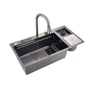 Drop In Kitchen Sink Stainless Steel Waterfall Kitchen Sink with Pull Down Spray Faucet Workstation with Multiple Accessories