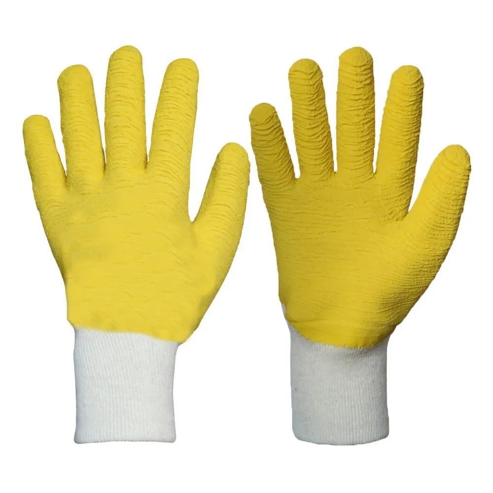 Europe standard white jersey liner latex yellow wave crinkle coated safety nature latex fully dipped working gloves