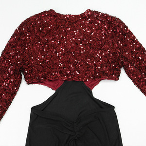 Robe longue de soirée moulante à sequins contrastants et découpes pour femme, manches longues, tendance - Product Image 6