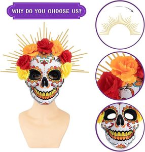 Masque de squelette en sucre Rose du Jour des Morts mexicain pour Halloween, fête costumée, unisexe, crâne en sucre - Product Image 3