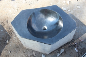 Évier de salle de bain et de cuisine en pierre hexagonale polie noire sculptée à la <span class=keywords><strong>main</strong></span>, en basalte, avec un seul trou - Product Image 3