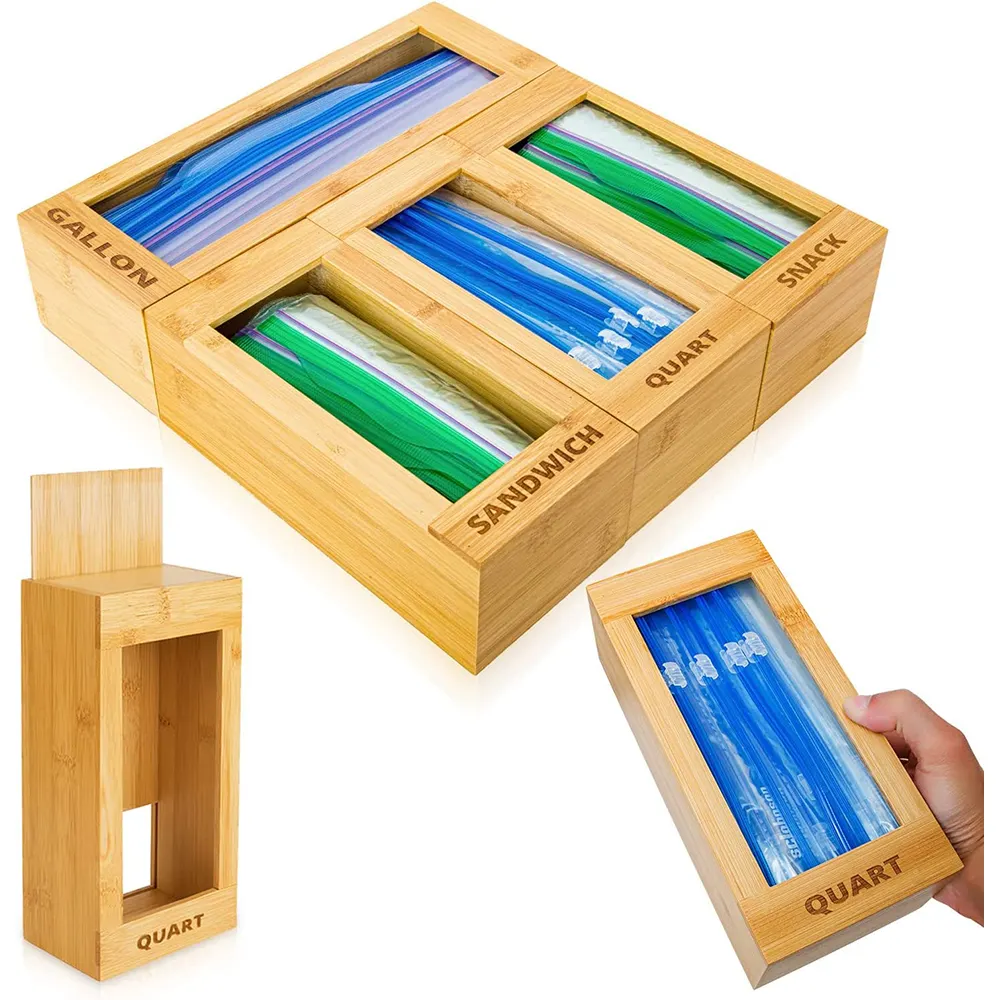 Houten Ziplock Bag Opberg Organizer Bamboe Voedsel Plastic Zakjeshouder Dispenser Container