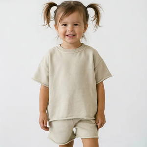Children's Custom Blank Roll-edged Ram Hem Shirt and Shorts Beige Kids Summer Clothing 2 Piece Sets for Girls <strong>Boys</strong> - Product Image 1
