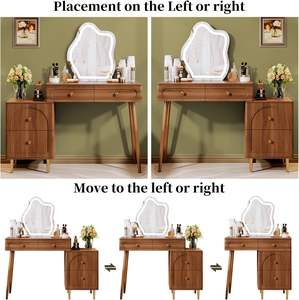 दर्पण और रोशनी के साथ स्टाइलिश कोने वैनिटी डेस्क, 4 दराज के साथ छोटे मेकअप वैनिटी डेस्क, ब्राउन - Product Image 2