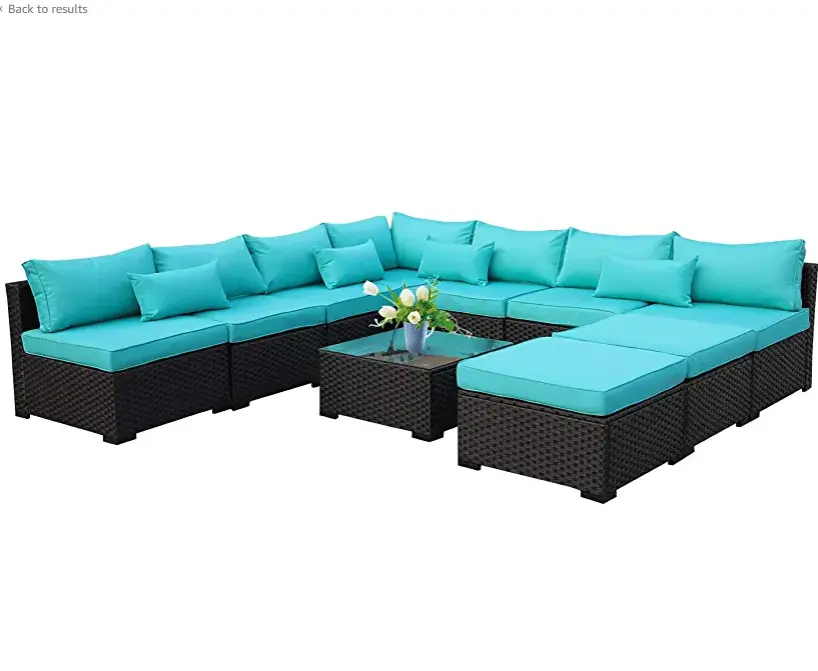 Conjunto de muebles seccionales para Patio, juego de muebles de mimbre para exterior, sofá de conversación de mimbre, conjunto de jardín con cojín turquesa, 10 Uds.