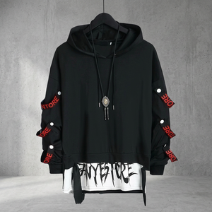 เสื้อฮู้ดดี้ผู้ชายสีดำทรงโอเวอร์ไซส์สไตล์ลำลองสำหรับฤดูใบไม้ร่วง แนวเทคแวร์ ฮิปฮอป ฮาราจูกุ พิมพ์ลายดิจิทัล ผลิตจากโพลีเอสเตอร์ 100% - Product Image 3