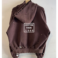 Sweat à capuche zippé pour homme, style streetwear, avec logo personnalisé, marron délavé vintage, effet usé, manches en maille gaufrée, coupe courte et carrée, déchiré