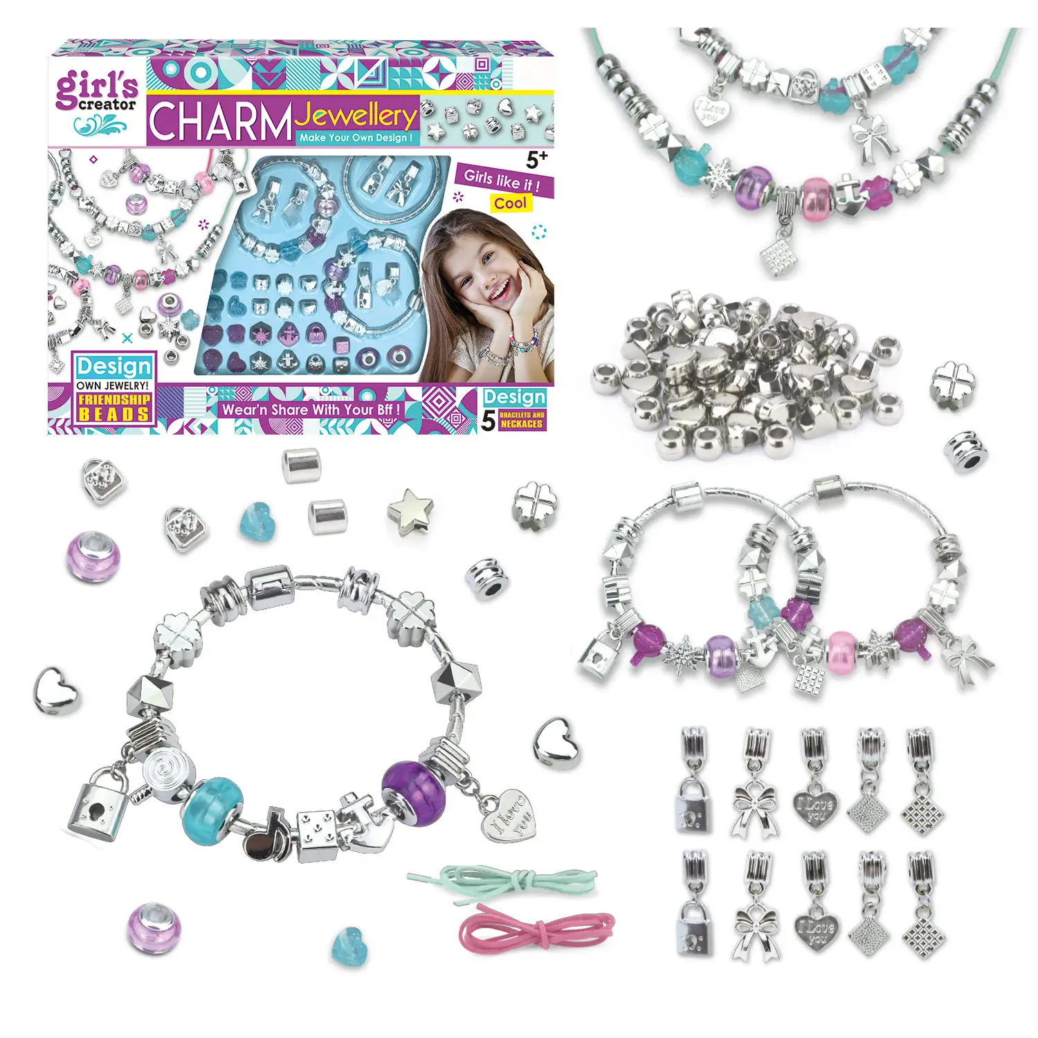 Child Charm Bracelet Jewelry Making Kits, Kids Lock Beads and Charm Pendant DIY Crafts Set for Teen Girls Age 5-7-12