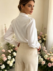 Elegant Vintage Stand Collar Blouse Hollow Lace Patchwork <b>Long</b> Sleeve <b>Top</b> Casual Office Daily Wear Shirt For Women Spring Fall - Product Image 3