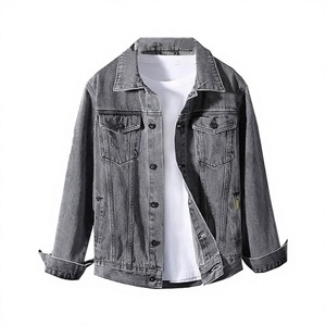 Men's Washed Denim <b>Jacket</b> Casual <b>Mandarin</b> <b>Collar</b> Regular Fit Winter Style Solid Color Front Logo Breathable - Product Image 1