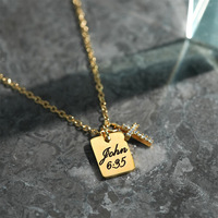 Collier avec pendentif carré en acier inoxydable plaqué or, gravé au laser avec un verset biblique, charme en forme de croix, bijoux religieux personnalisés