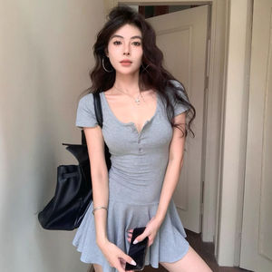 Grey U-neck Short Sleeve Dress Women Summer Pleated A-line Skirt Tight Waist Casual Daily Wear Sports Leisure Yoga Hiking - Product Image 4