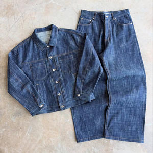 OEM 2026 时尚前褶可调节后背同步设计 15 盎司经典原边靛蓝原色宽腿牛仔裤套装 - Product Image 1