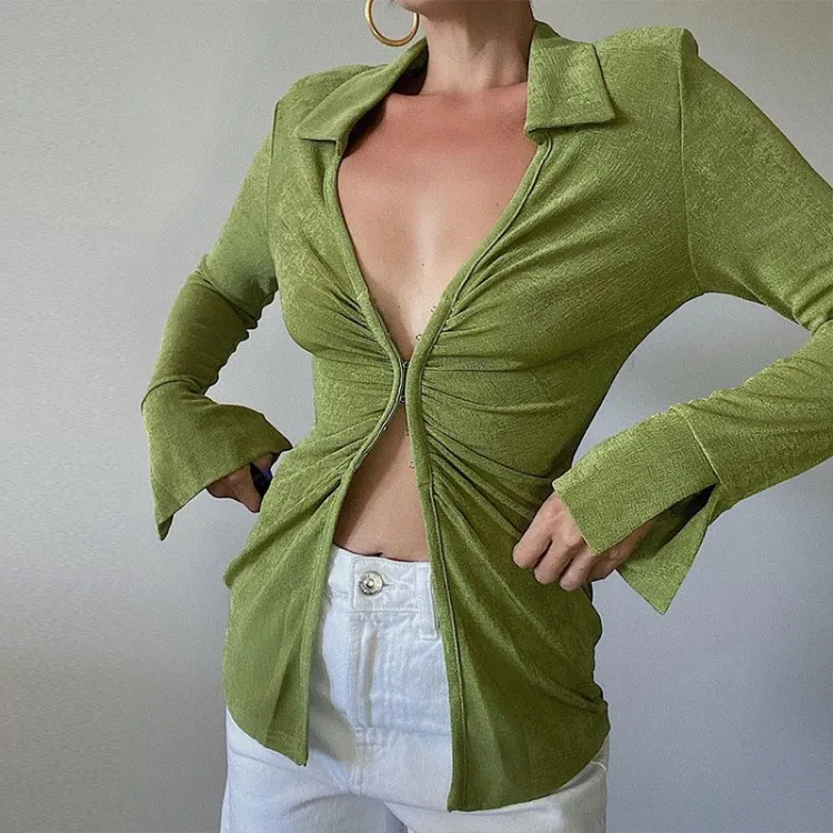 Enyami Fast Dispatch Y2K Ruched Long Sleeve Turn Down Collar Shirts Fashion Woman Blouses Casual Green Top For Women