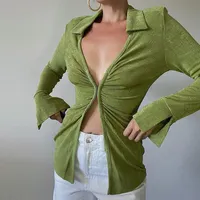 Enyami collezione autunno Y2K increspato manica lunga colletto rovesciato camicie moda donna camicette 2022 Casual Top verde per le donne