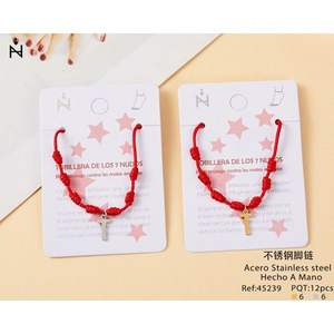 Tobillera de acero inoxidable con siete nudos y colgante de cruz con cuerda roja para mujer, joyería de moda. - Product Image 1