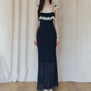 Lace <b>Patchwork</b> Floral Print Sundress Square Collar Natural Waist Vacation Style Long <b>Skirt</b> Women's Casual Dress - Product Image 2