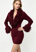 Robe Mini Tricotée Y2K Vintage Bordeaux Unie pour Femme, Col V, Col Moelleux, Manches Cloche, Extensible, Moulante, avec Franges Shaggy – Vente en Gros Personnalisée