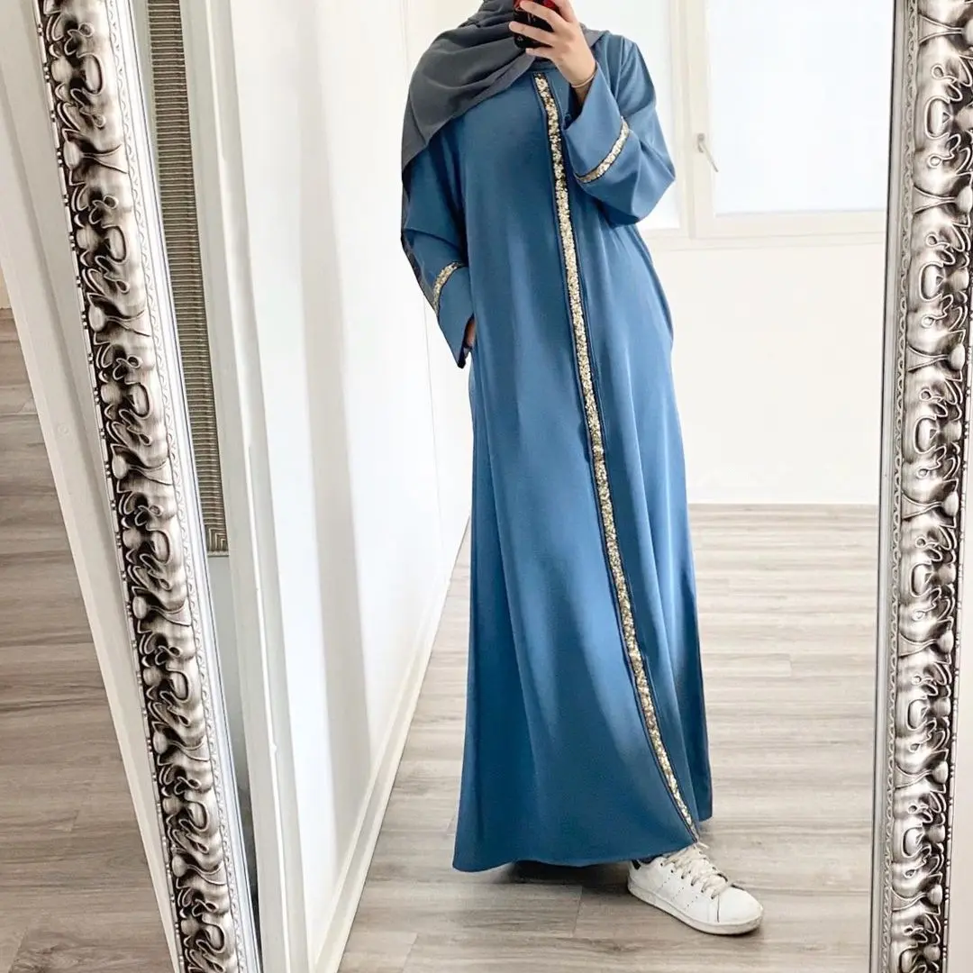 Mode New Solid Color Muslim Rundhals Kleidung Abaya Frauen Schimmer Pailletten Langarm Robe Kleid Muslimische Kleidung Open Abaya