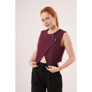 Chaleco Largo Retro Bordado para Mujer, Modelo Cruzado con Doble Botonadura, Color Borgoña, Ropa Exterior Esencial para Otoño e Invierno, Venta al por Mayor - Product Image 4