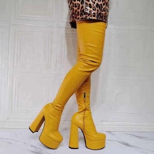 Super High Heel Platform <b>Boots</b> Yellow Round Toe Thick Sole High Chunky Heel Fashion Women Over Knee <b>Boots</b> Big Size 47 - Product Image 6