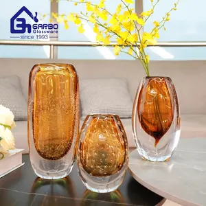 Florero de cristal esmaltado de color soplado hecho a mano de forma redonda floreros con diseño creativo de gota de rocío cristalería de mesa