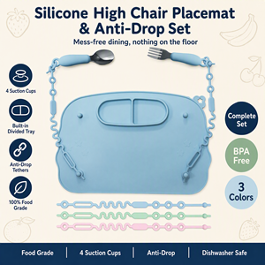 Tapis de table en silicone pour chaise haute, plateau compartimenté, attaches anti-chute, 4 ventouses, qualité alimentaire, sans BPA, pour bébés et tout-petits de 0 à 12 mois - Product Image 1