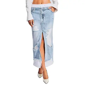 Custom Women's Center Slit Drawstring Maxi Skirt Distressed Denim Faded Ripped Belt Loops and Back Pocket Detail Relaxed Comfort