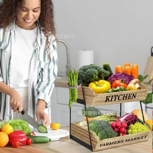 Cesta de Frutas de Madera de 2 Niveles, Estante de Almacenamiento para Cocina, Gran Capacidad, Estilo Mercado de Agricultores, Organizador de Encimera - Product Image 3