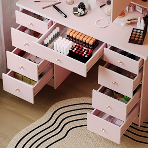 Gran oferta, tocador de maquillaje moderno de madera rosa, tocador de 9 cajones con 3 espejos, estantes de almacenamiento ocultos para dormitorio - Product Image 2
